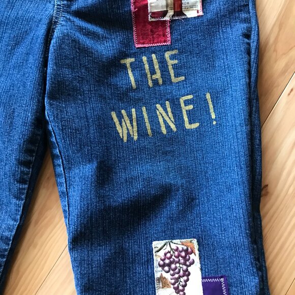 Upcycled Gloria Vanderbilt Patchwork Denim Capris Shorts, Painted Wine Theme, 14 - Picture 9 of 14